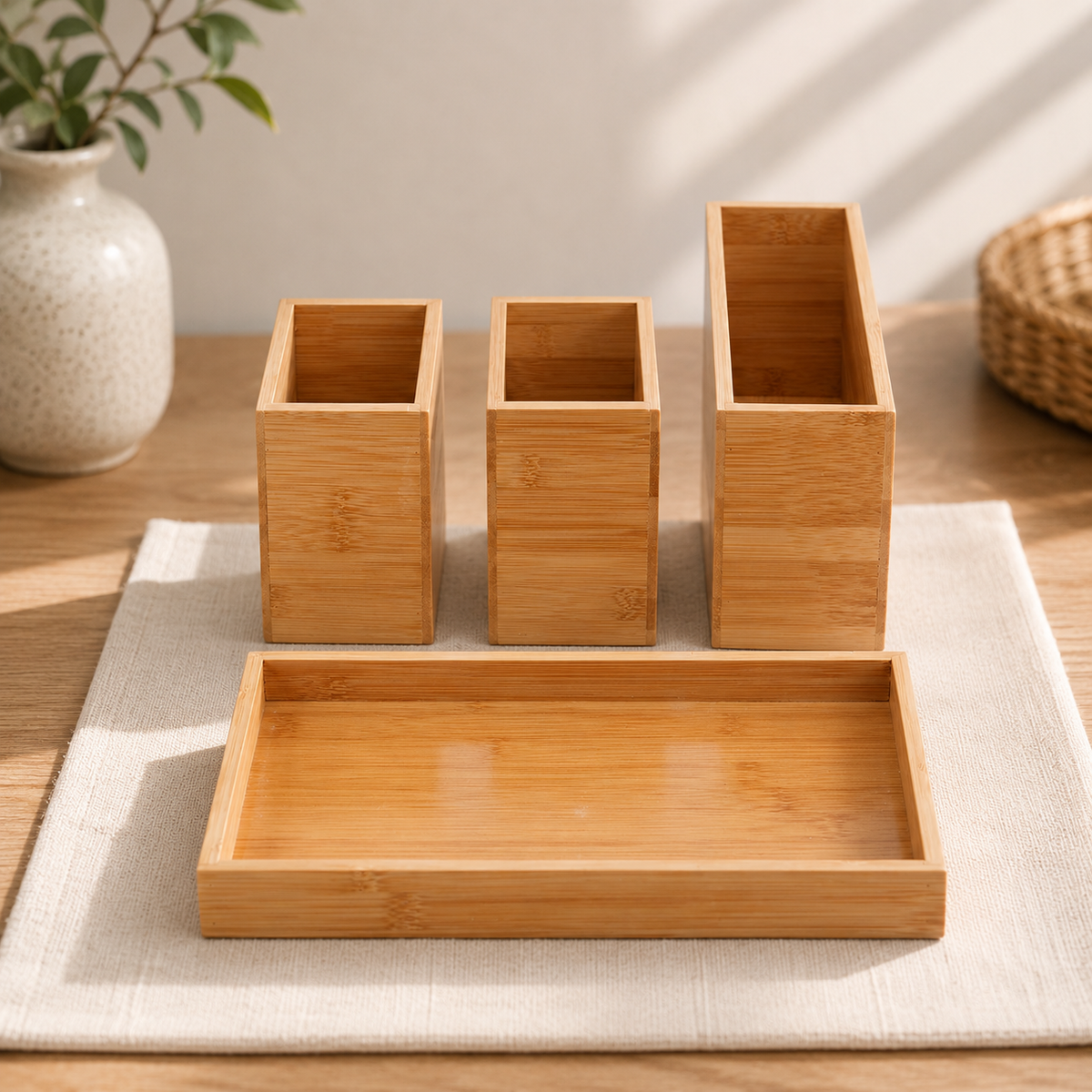 4-Piece Bamboo Bathroom Organizer Set