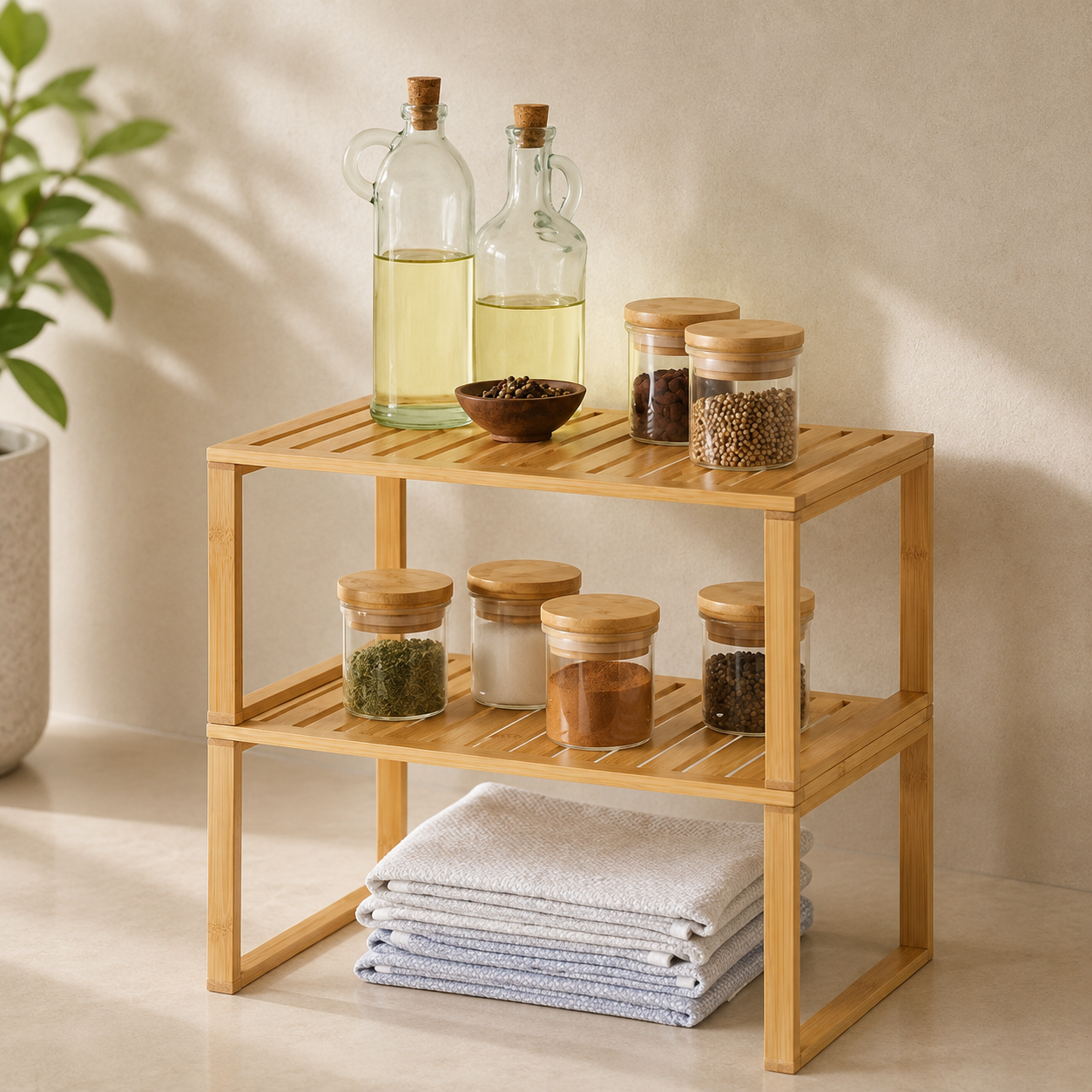 Natural Bamboo Stackable Storage Shelf