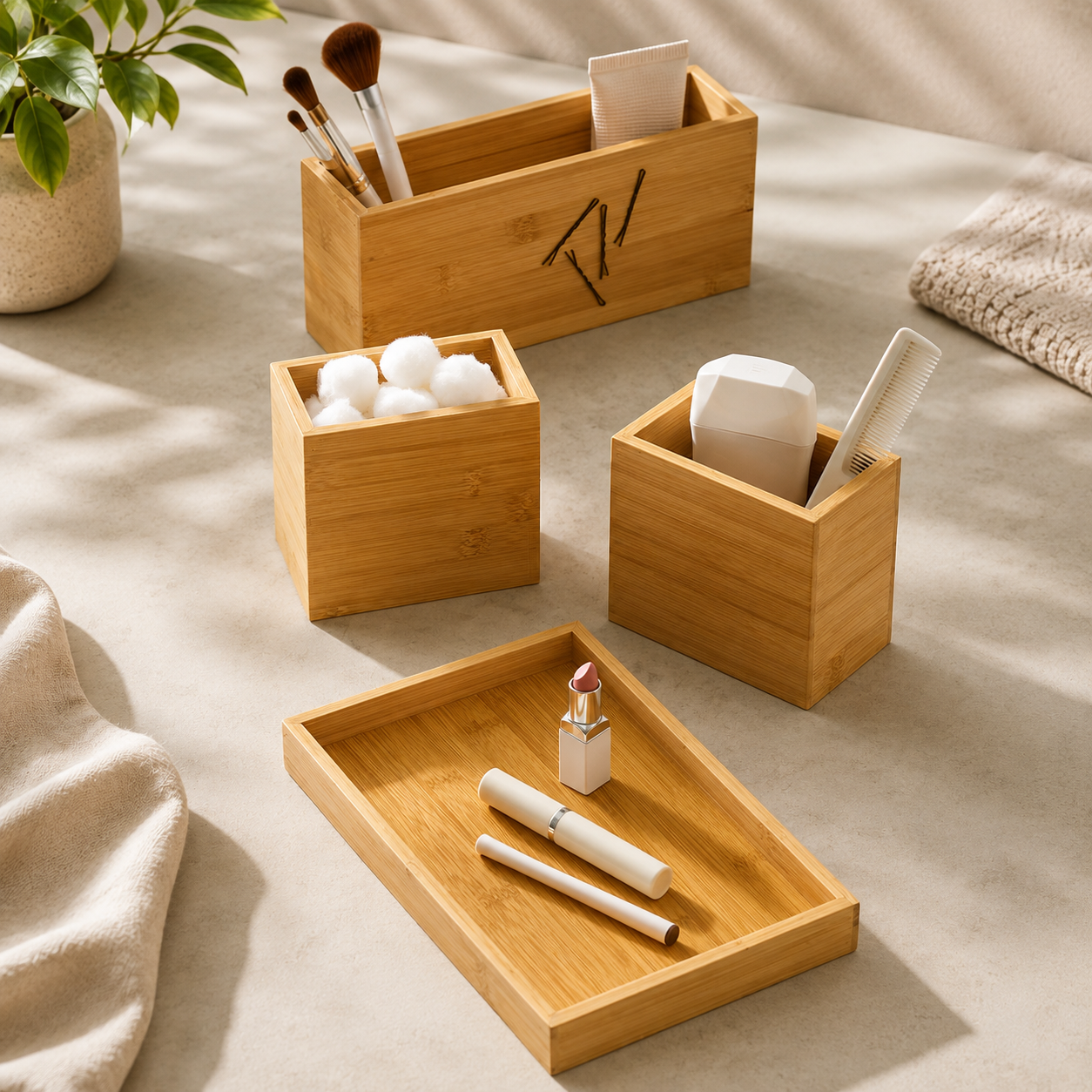 4-Piece Bamboo Bathroom Organizer Set